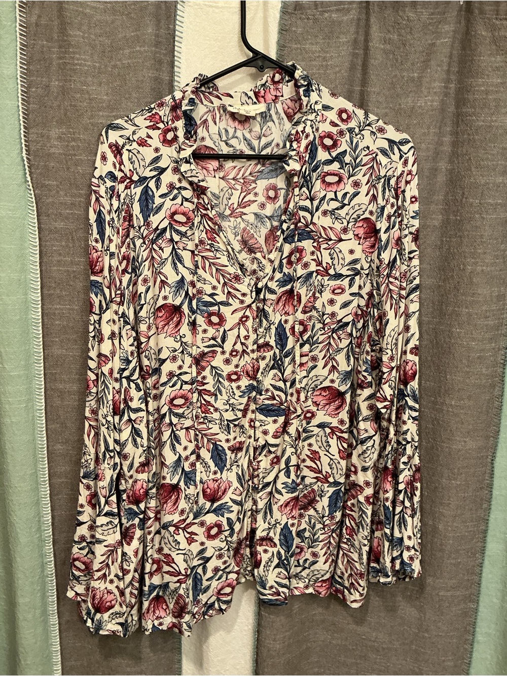 Style & Co. Cream Button-Front Blouse with Pink and Blue Floral Print